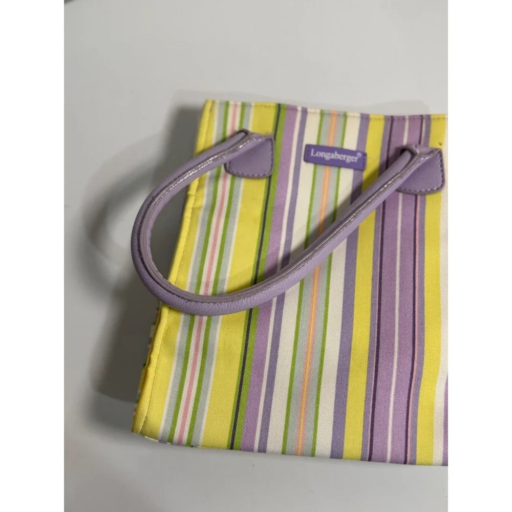 Longaberger Tote Bag Purple Yellow Multi Stripe Canvas Top Handle Purse Handbag